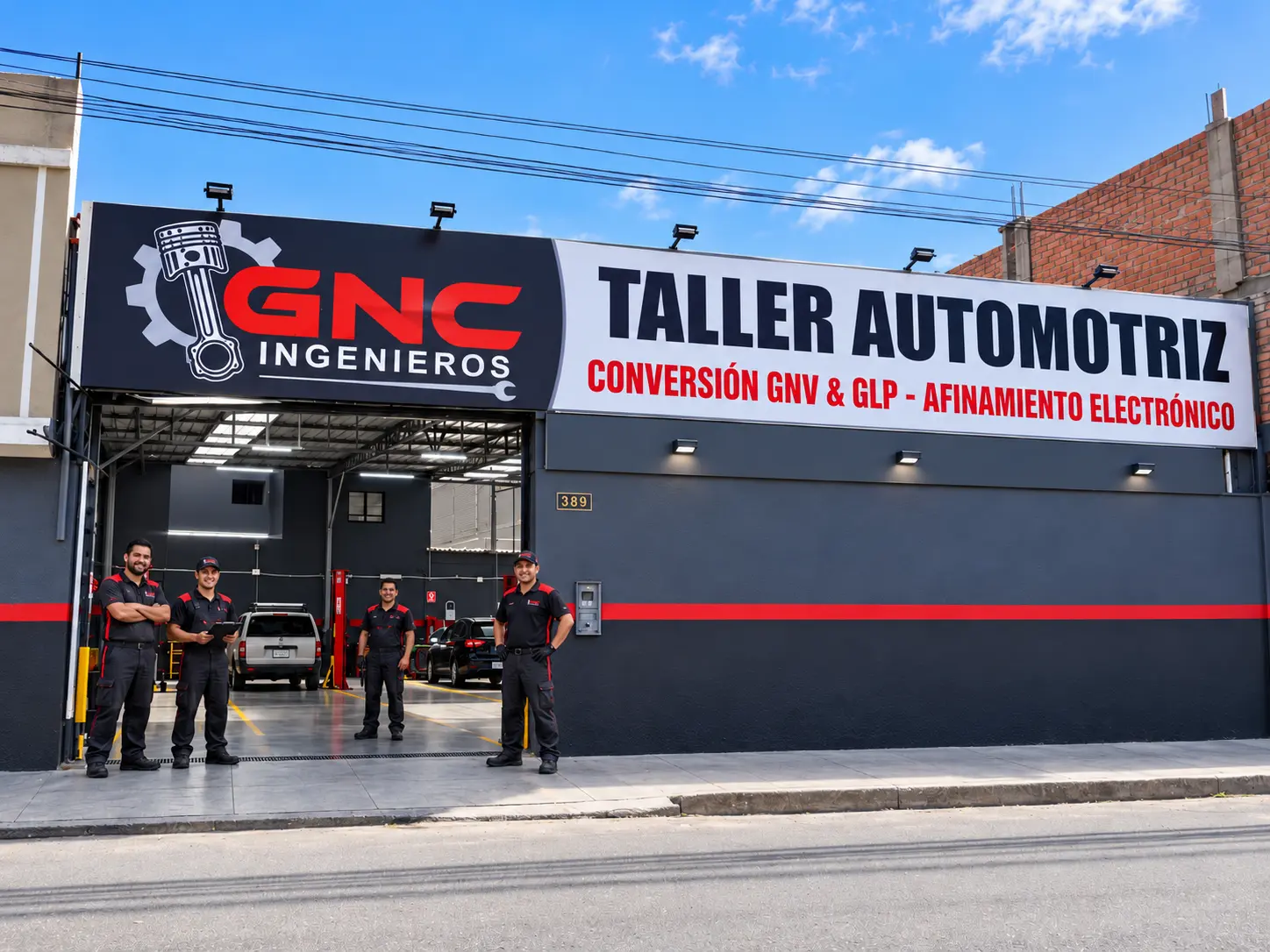 Fachada del taller GNC Ingenieros y equipo de atención